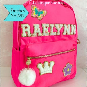 Sac à dos personnalisé avec écussons, cadeau de rentrée des classes pour filles, sac à dos avec nom long, sac personnalisé pour filles, dos en nylon avec écussons en chenille