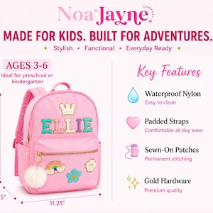 Gepersonaliseerde naamrugzak met chenille-patches | Op maat gemaakte back-to-schooltas voor meisjes | Opgenaaide letter- en ontwerppatches | Nylon kinderrugzak afbeelding 3
