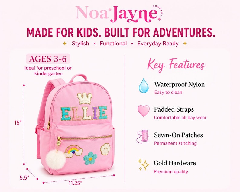 Gepersonaliseerde naamrugzak met chenille-patches | Op maat gemaakte back-to-schooltas voor meisjes | Opgenaaide letter- en ontwerppatches | Nylon kinderrugzak afbeelding 3