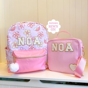 Sac à dos personnalisé pour fille avec boîte à lunch assortie, cartable pour la rentrée des classes, sac personnalisé avec écussons en chenille, sac à dos de voyage, sac prénom filles