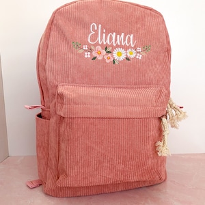 Sac à dos en velours côtelé brodé pour enfants - Personnalisez-le avec un prénom floral ! Idéal pour la rentrée ou la garderie !