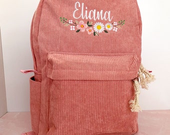 Bestickter Cord-Rucksack für Kinder - Personalisieren Sie mit einem Blumennamen! Perfekt für den Schulanfang oder die Kita!