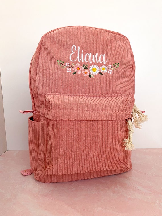 Sac à Dos En Velours Côtelé Brodé Pour Enfants - Personnalisez-le Avec Un Prénom Floral ! Idéal Pour La Rentrée Ou La Garderie ! - France