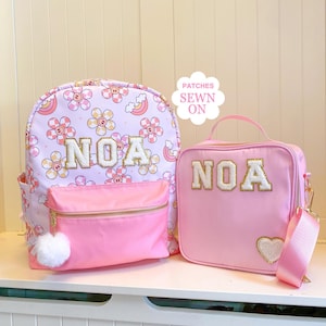 Custom Girls Backpack with Matching Lunch Box, Back to School School Bag, Custom Bag with Chenille Patches, Travel Backpack, Name Bag Girls