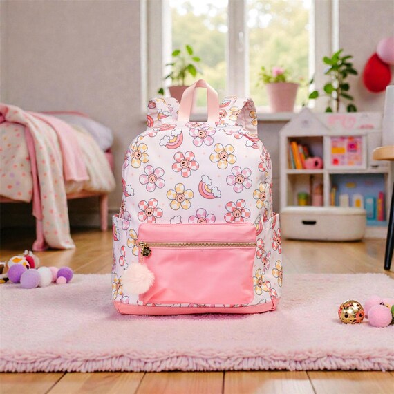 Daisy Backpack – Floral Print Kids School Bag With Pom Poms 