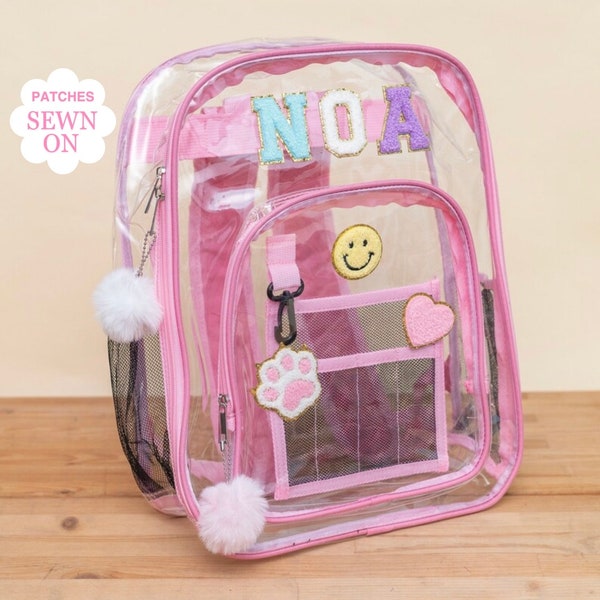 Clear Custom Backpack with Patches: Add a personal touch to this transparent kids backpack! Customizable and trendy, perfect for school