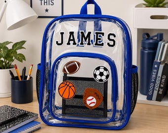 Personalized Clear Backpack for Boys | Custom Name School Backpack | Transparent Kids Bookbag | Stadium Approved | Sewn On Patches