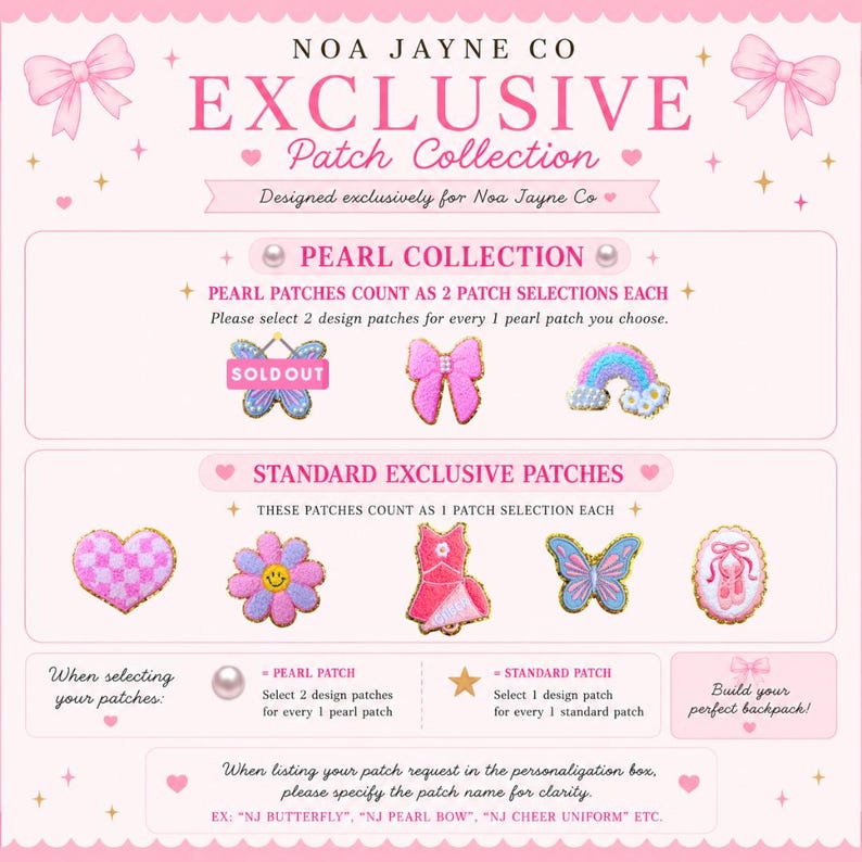 Op de afbeelding: Roze afbeelding met de tekst "NOA JAYNE CO EXCLUSIVE Patch Collection". Het toont verschillende geborduurde patches, waaronder een strik, een regenboog, een jurk en een vlinder. De patches maken deel uit van de Pearl en Standard Exclusive collecties.