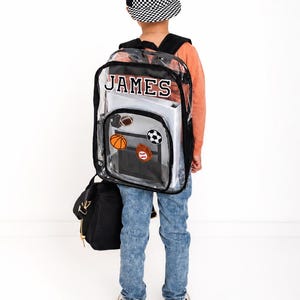 Personalized Clear Backpack for Boys | Custom Name School Bag with Patches | Transparent Kids Backpack