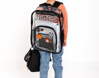 Personalized Clear Backpack for Boys | Custom Name School Bag with Patches | Transparent Kids Backpack