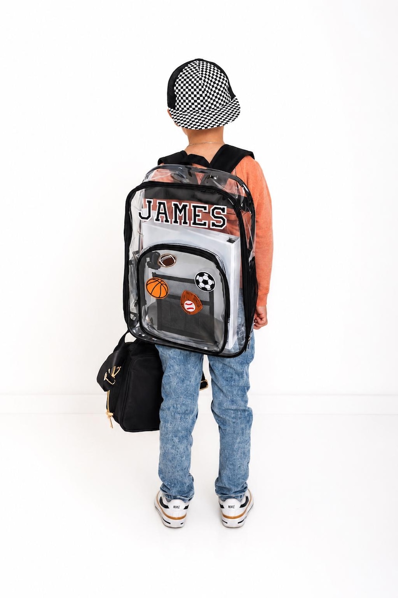 Personalized Clear Backpack for Boys | Custom Name School Bag with Patches | Transparent Kids Backpack image 1