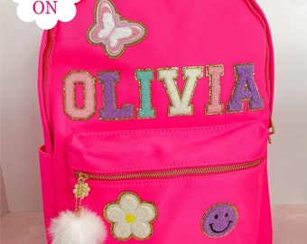 Mochila de Nylon Personalizada con Parches, Mochila Escolar de Vuelta al Cole, Bolsa Personalizada con Parches de Chenille, Mochila de Viaje, Mochila con Nombre Niñas