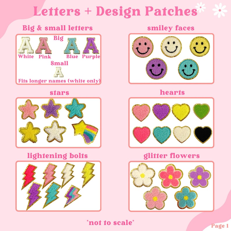 Op de afbeelding: Een verscheidenheid aan kleurrijke stoffen patches met geborduurde details en glitter. Ontwerpen omvatten letters, smiley gezichten, sterren, harten, bliksemschichten en bloemen. De patches zijn in verschillende kleuren, waaronder roze, blauw, paars, geel en wit.