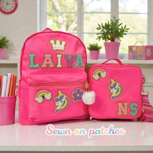 Custom Name Backpack and Lunch Bag Set | Personalized Chenille Patch School Set for Girls | Toddler or Kindergarten Gift | Christmas Gift