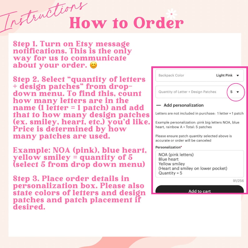 Op de afbeelding: Een roze en witte afbeelding met instructies voor het bestellen van aangepaste patches. De tekst legt uit hoe je het aantal letters en design patches selecteert en hoe je personalisatiegegevens toevoegt. Een voorbeeld laat zien hoe je NOA-patches bestelt.