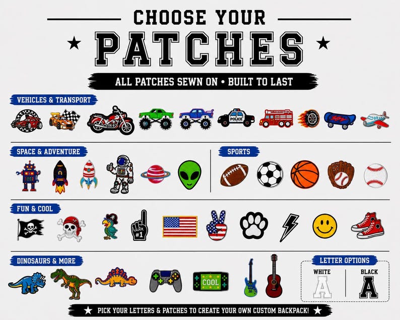 May include: A chart titled CHOOSE YOUR PATCHES featuring rows of embroidered patches categorized as Vehicles & Transport, Space & Adventure, Sports, Fun & Cool, and Dinosaurs & More, with a section for white or black letter options at the bottom.