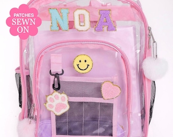 Clear Custom Backpack with Patches: Add a personal touch to this transparent kids backpack! Customizable and trendy, perfect for school