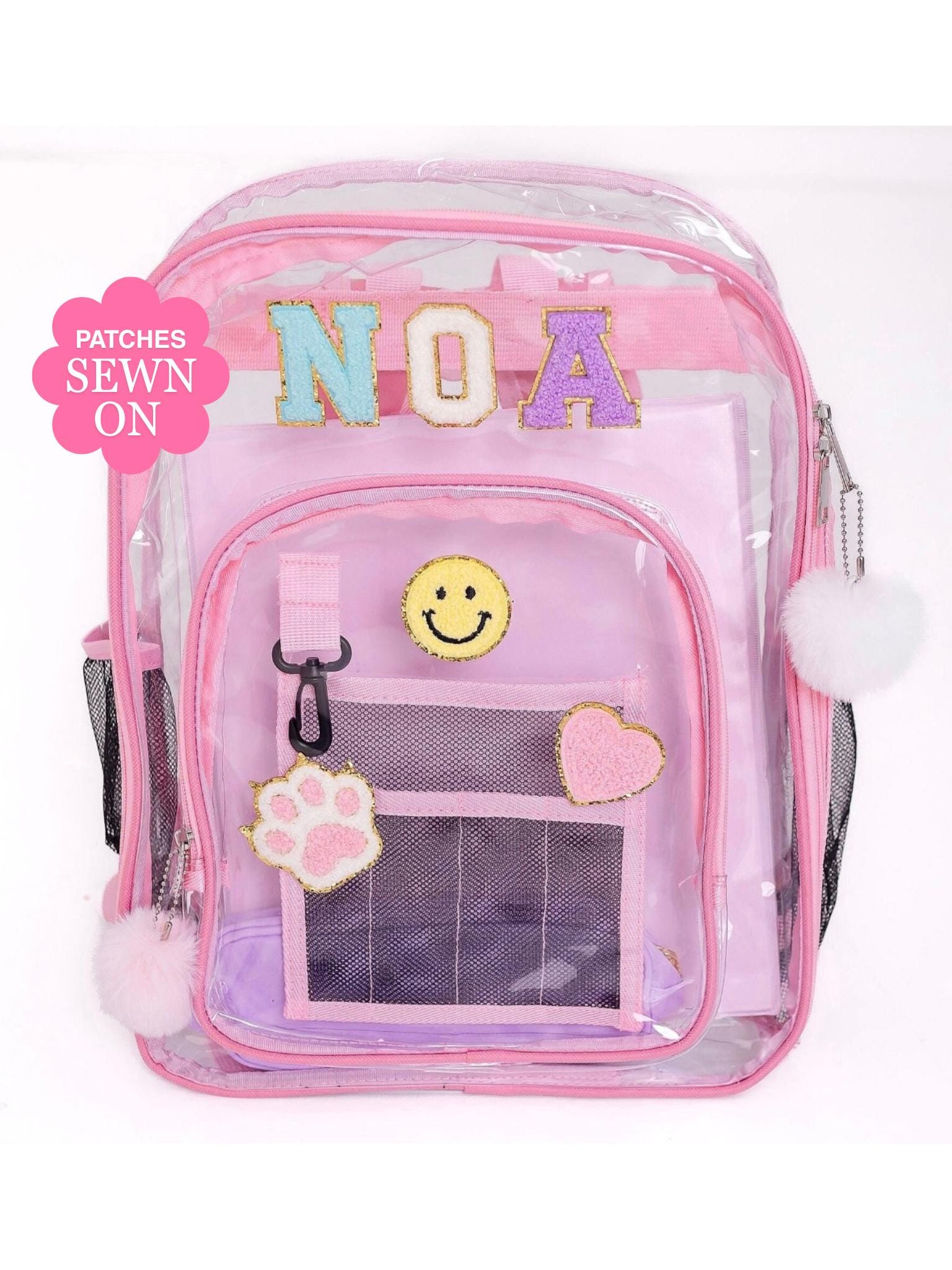 Clear Custom Backpack with Patches: Add a personal touch to this transparent kids backpack! Customizable and trendy, perfect for school