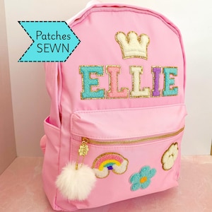 Sac à dos personnalisé avec écussons, cadeau de rentrée des classes pour filles, sac à dos prénom, sac personnalisé pour filles, dos en nylon avec écussons en chenille