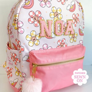 Sac à dos personnalisé en nylon avec écussons, cartable pour la rentrée des classes, sac personnalisé avec écussons en chenille, sac à dos de voyage, sac à dos prénom pour filles