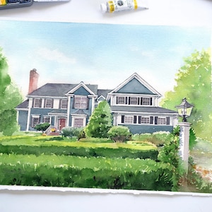 Retrato de casa, regalo pintado a mano para ella, pintura de acuarela personalizada para el hogar, regalo de inauguración de la casa hecho a mano para el nuevo propietario, regalo único para mamá