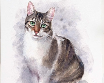 Hand painted cat portrait comission, Personalized Christmas gift for her, Domestic cat painting, Custom dog remembrance, Pet bereavement art