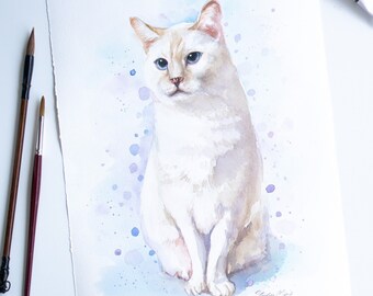 Hand painted cat portrait, Custom White cat painting from photo, Mother's day portrait, Domestic cat portrait, Cat mum gift idea