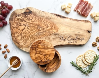 Personalized Olive Wood Cutting Board, Live Edge Charcuterie Cheese Board, Engraved Housewarming Wedding Gift, Realtor Closing Gift