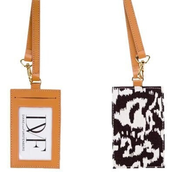 Diane Von Furstenberg Luggage Tags, DVF Luggage Tags, DVF Fashion Accessories, yellow brown leather, white animal print, with gold metal