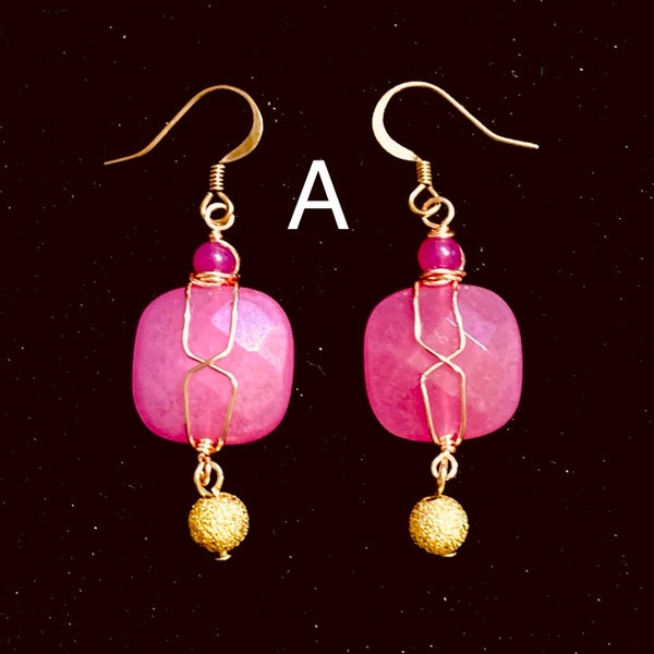 Chalcedony Hot Bubblegum Pink and Gold Dangle Earrings, Hot Pink Fuchsia Gem Stone Earrings, Handmade by Kandra