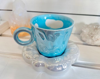 Tasse en céramique Blue Sky Cloud avec assiette