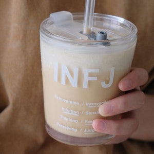 Crystal White Glass MBTI Mugs with Straw and Cup - Aesthetic Coffee Mug Morning Drinkware for Coffee Unique Desk Supplies Roommate gifts