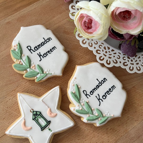 Ramadan Kareem sugar cookies with royal icing.Ramadan gift box idea! Fresh baked and hand decorated cookies.