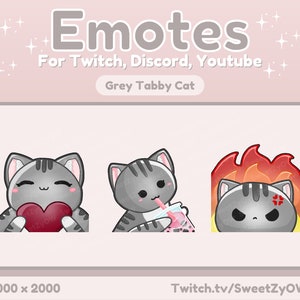 Kawaii Kitty Grey Tabby Cat Twitch Emote Set of 3 for Streaming, Discord, Youtube