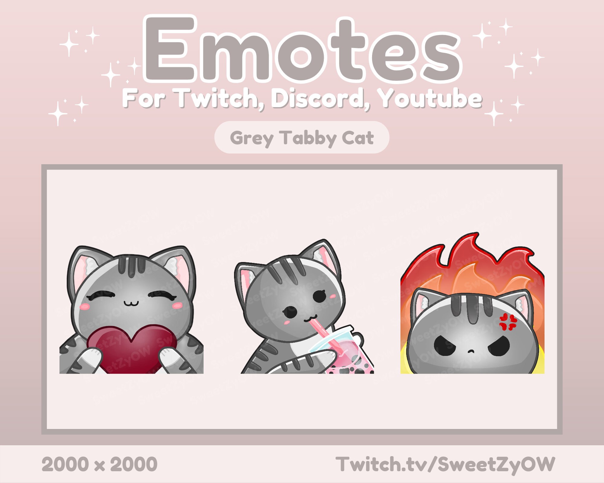 Kawaii Kitty Grey Tabby Cat Twitch Emote Set of 3 for Streaming, Discord, Youtube