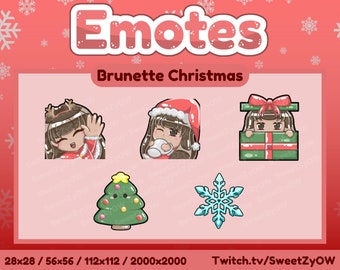 Brunette Girl Christmas Emotes (5 Pack) for Twitch, Streaming, YouTube, Discord  - Sip, Wave, Gift Box, Tree, Snowflake