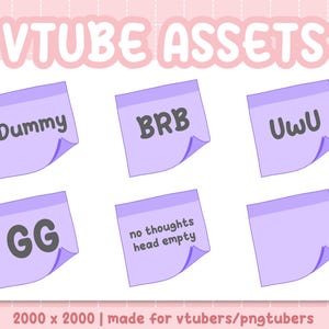 Könnte beinhalten: Eine digitale Grafik mit sechs lilafarbenen Haftnotizen mit Text. Die Notizen enthalten "Dummy", "BRB", "UwU", "GG" und "no thoughts head empty". Der Text "VTUBE ASSETS" steht oben.