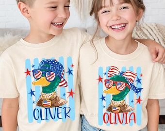Custom 4th of July Shirts for Boys and Girls, Personalized Toddler Tee, Independence Day Outfit for Kids, Baby, Patriotic Striped Duck Hunt