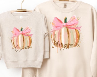 Camiseta o sudadera de calabaza personalizada para niñas y mujeres, atuendo personalizado de calabaza, lindo otoño, Halloween, Acción de Gracias, mamá y yo