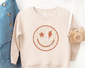Boho Leopard Smile Face Sweatshirt For Girls, Retro Neutral Toddler Sweatshirt, Preppy Girls Sweatshirt, Aesthetic Hoodie