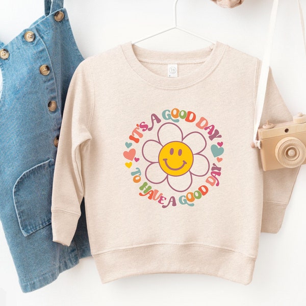 It's A Good Day Sweatshirt For Girls, Retro Neutral Boho Hippie Flower Smiley Face Toddler Sweatshirt, Preppy Sweatshirt, Aesthetic Hoodie