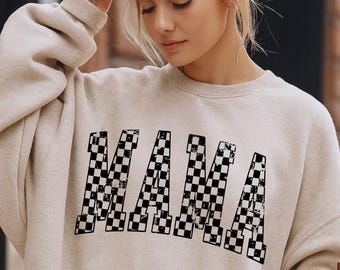 Retro Checkered Mama Shirt, Mom Sweatshirts or T-Shirts, Boho Vintage Mothers Day Outfit, Mom Outfit, Mama Life Tee, Mom Gift,