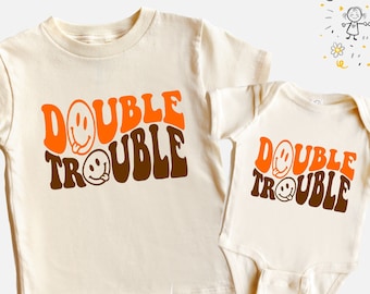 Funny Sibling Shirts for Kids,  Retro Neutral Boho Double Trouble Shirt For Boys, Trendy Girls Onesie, Preppy Shirt, Aesthetic Shirt