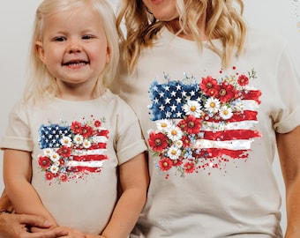 Mommy and Me 4th of July Shirts for Girls, Toddler Girl Shirts, Floral USA Flag,Independence Day Outfit for Women,