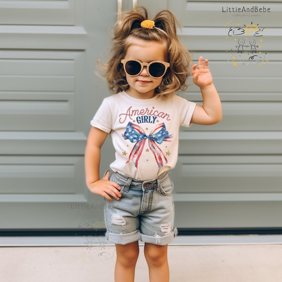 American Girly Shirt,  4th of July Outfit for Girls, Retro Independence Day Tee for Women, Patriotic Coquette Shirts, Cute Bow Tee
