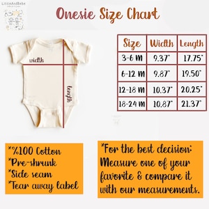 May include: Cream-colored onesie with size chart. The chart shows width and length measurements in inches for sizes 3-6 months to 18-24 months. Additional text includes "100% Cotton", "Pre-shrunk", "Side seam", and "Tear away label".