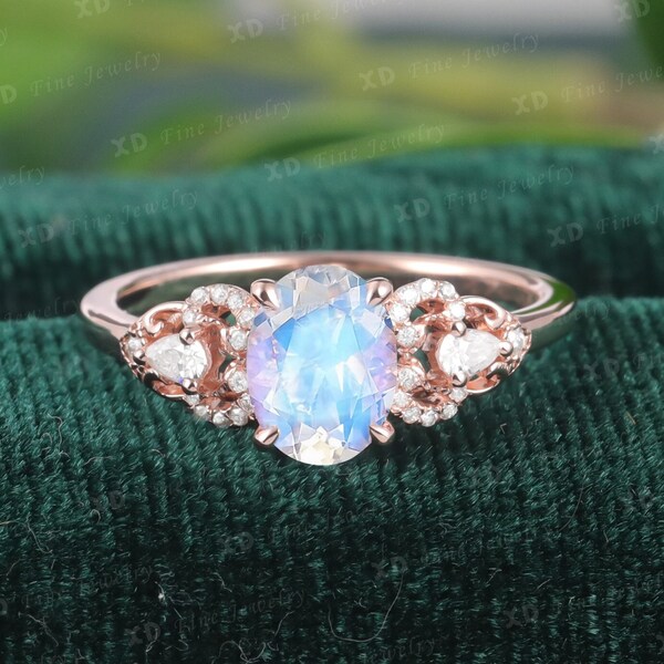 Oval Moonstone Engagement Ring Vintage Unique Yellow Gold Engagement ...