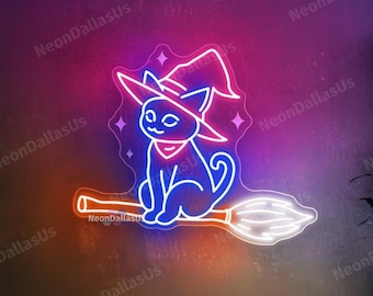 Halloween Cat Ride Broom Neon Sign Halloween Cat Witch Hat Witch LED Light Cat Witch Neon Sign Cat Wall Art Halloween Party Decoration