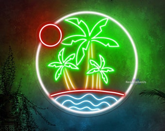 Könnte beinhalten: Neon-Schild mit einem grünen Kreis, der drei Palmen auf einer kleinen Insel mit blauem Meer und einer roten Sonne zeigt. Das Schild trägt die Aufschrift "NeonDallasUs" in der rechten unteren Ecke.
