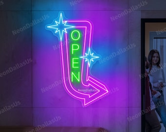 Flecha abierta Letrero de neón Flecha de dirección abierta personalizada Letrero de neón Flecha Luz LED abierta Letrero abierto para negocios Barra de letrero abierta de mediados de siglo Decoraciones abiertas